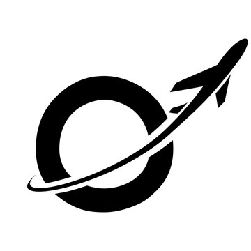 Black Uppercase Letter O Icon with an Airplane