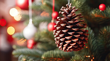 a close up of a pine cone on a christmas tree.