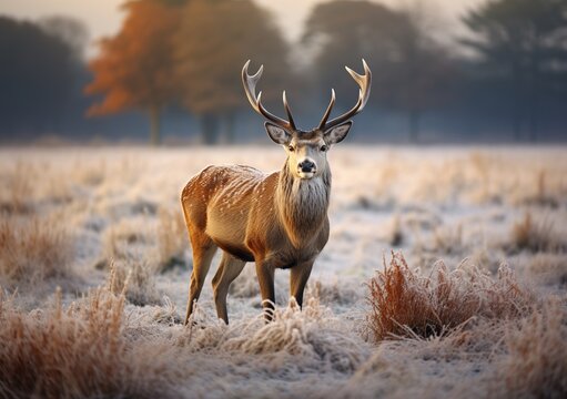 A beautiful deer stands amidst a snow-covered winter meadow at dawn.