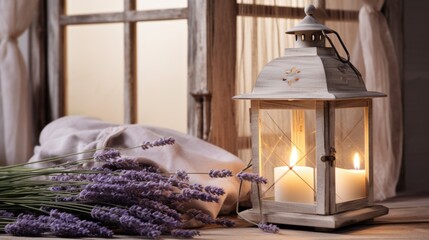 A lantern with a lit candle next to a bunch of lavenders.