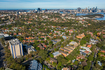 Panoramic drone aerial view of North Sydney towards Sydney CBD