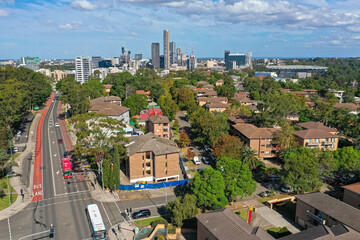 Panoramic drone aerial view of the Parramatta in Sydney