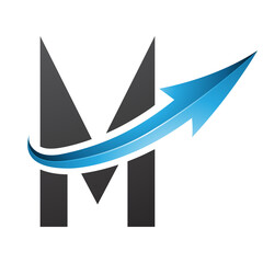 Blue and Black Futuristic Letter M Icon with a Glossy Arrow