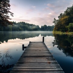 an image of a tranquil lake with a wooden pier extending into the water, offering a peaceful spot...