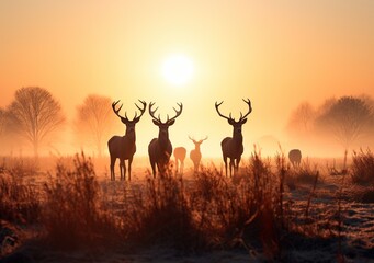 Landscape with silhouettes of deer in the backlight of the rising sun.