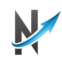 Blue and Black Futuristic Letter N Icon with a Glossy Arrow