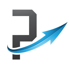 Blue and Black Futuristic Letter P Icon with a Glossy Arrow