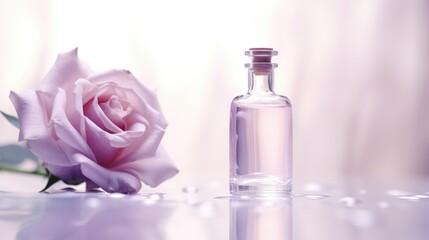 Obraz na płótnie Canvas A pink rose sitting next to a bottle of perfume.