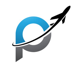 Blue and Black Lowercase Letter P Icon with an Airplane © cidepix