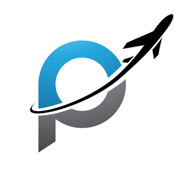 Blue and Black Lowercase Letter P Icon with an Airplane