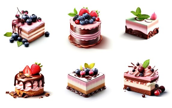 A set of six cakes with different toppings. Clipart on white background.
