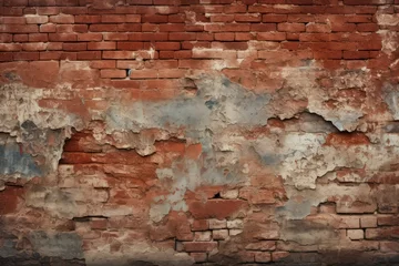 Fotobehang Crumbling red brick weathered urban wall textured background. © Kanisorn