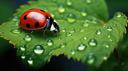Fototapeta premium A ladybug sitting on top of a green leaf.