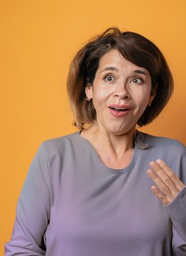 Portrait of mature woman with surprised expression, isolated on orange background. Generative AI
