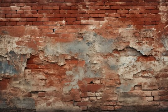 Fototapeta Crumbling red brick weathered urban wall textured background.