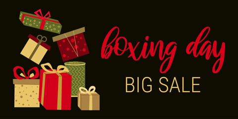 Boxing Day. Horizontal banner. Color Holiday Boxes. Gifts on a dark background with text big discount. Design greeting cards. Party, Christmas, birthday. Vector illustration.