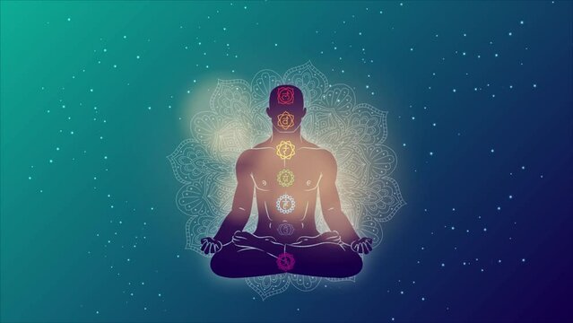 Person meditating while seated, activating chakras with colors animation 4k