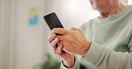 Home, closeup and senior hands with a smartphone, typing and connection with social media, digital app and contact. Old man, pensioner or mature guy with a cellphone, mobile user and search internet - obrazy, fototapety, plakaty
