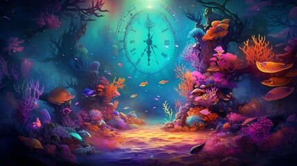 Obraz na płótnie Canvas an underwater world with a magnificent, luminescent clock coral reef, its vibrant colors creating an otherworldly, mesmerizing spectacle