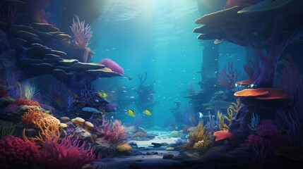 Fototapeta na wymiar an underwater world with stones that resemble undersea mountains, teeming with life, creating an awe-inspiring, vibrant marine habitat