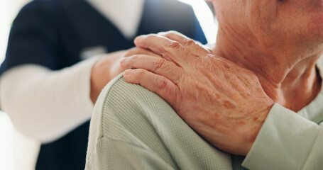 Closeup, holding hands and nurse with old man, empathy and support with retirement, healthcare and...