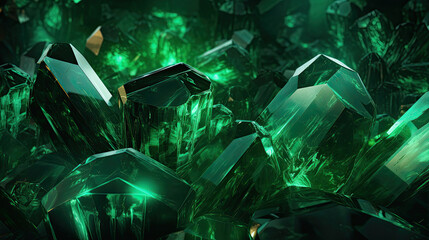 Gemstones and crystals. Emerald or tourmaline green crystals. Mineral crystals in nature.  - obrazy, fototapety, plakaty