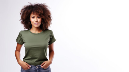 Afro american woman wearing green t-shirt isolated on gray background - obrazy, fototapety, plakaty