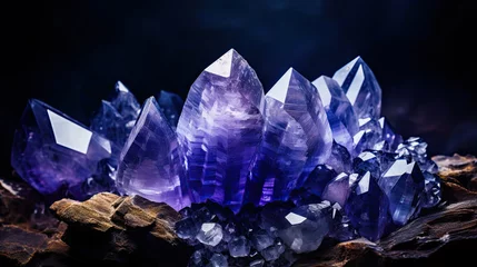 Zelfklevend Fotobehang rough blue sapphire and diamonds gemstones crystals raw amethyst tanzanite dark background. © Ziyan Yang