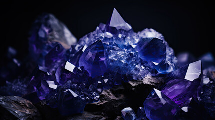 rough blue sapphire and diamonds gemstones crystals raw amethyst tanzanite dark background.