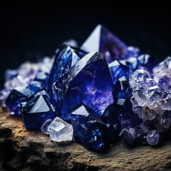 rough blue sapphire and diamonds gemstones crystals raw amethyst tanzanite dark background. - obrazy, fototapety, plakaty