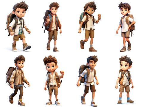 A series of pictures of cartoon boys with backpacks. Set of eight images. Clipart on white background.