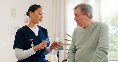 Pills, senior man and caregiver explain product information, medicine dosage or prescription drugs....