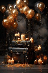 Black vintage suitcase with burning candles and gold balloons on a dark background