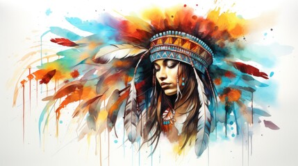 A painting of a tribal native american woman wearing a headdress.