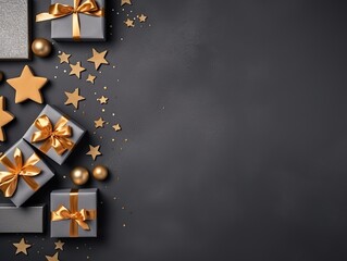 Stylish Christmas background in dark gray concrete with gray gift boxes, gold and silver stars. Copy space.