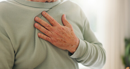 Heart attack, cardiology and person hand on chest with pain, sick and cardiovascular closeup. Indigestion, heartburn and health with wellness, elderly care with medical issue and hypertension - obrazy, fototapety, plakaty