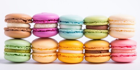 A stack of colorful macarons sitting on top of each other. Photorealistic, on white background