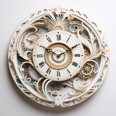 A white clock with a gold and blue design on it.