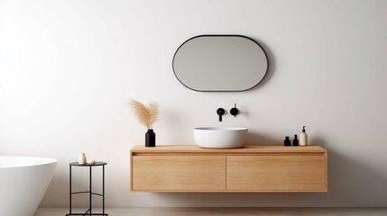 Close up of sink with oval mirror standing in on white wall, wooden cabinet with black faucet in minimalist bathroom.
