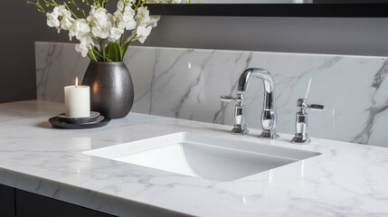 Close up of white sink marble countertop, gray background.