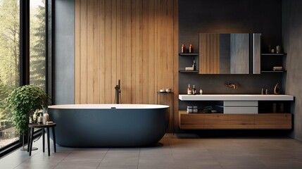 Comfortable bathtub and vanity with basin standing in modern bathroom black blue and wooden walls and concrete floor.Side view. 