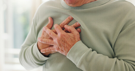Heart, cardiology and person hands on chest with pain, sick and cardiovascular healthcare closeup....