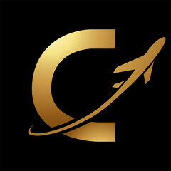 Glossy Gold and Black Uppercase Letter C Icon with an Airplane