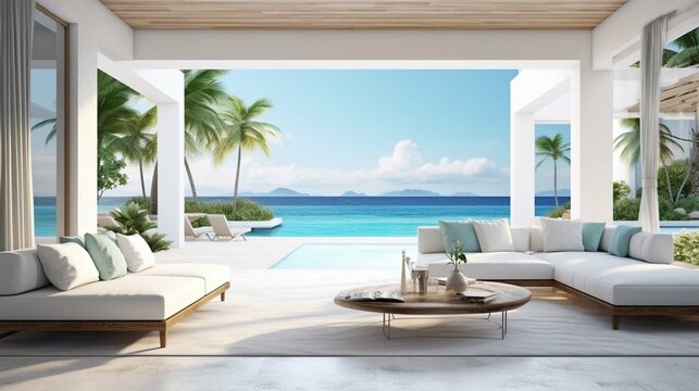 Sea view empty large living room of luxury summer beach house with swimming pool near terrace. Big white wall background in vacation home or holiday villa. 