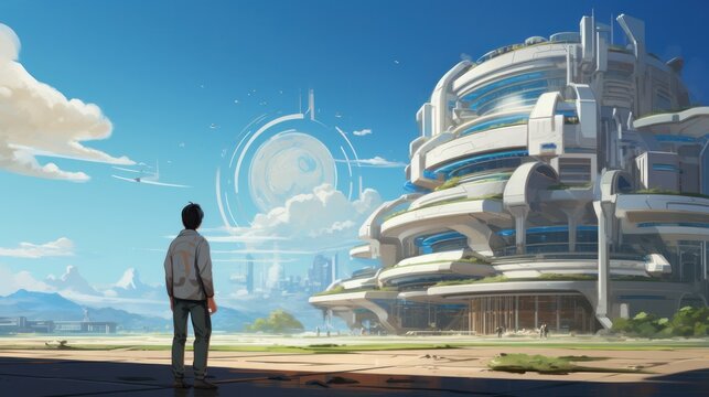 A science fiction scene of a man looking at technlogically advanced building, under an open blue sky