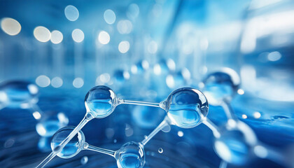 abstract glass molecules floating in blue fluid background with selective focus environment water or clean energy concept