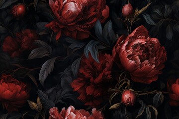 Seamless painterly floral illustration, decadent peony flower arrangement inspired by Baroque and Dutch Golden Age art styles