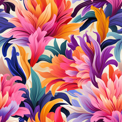 Fototapeta na wymiar Vibrantly hued blossoms interweave in a fluid, intricate dance, creating a floral traditional luxury ikat seamless pattern.