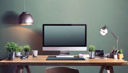 computer display and office tools on desk desktop computer screen isolated modern creative workspace background front view