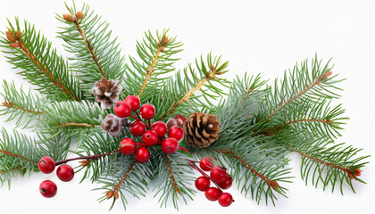 Naklejka na ściany i meble christmas corner arrangement with pine twigs small cones and red berries isolated on white or transparent background